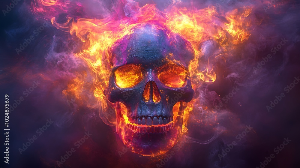 A skull surrounded by a vortex of flames in abstract shapes, glowing fiercely with vibrant colors like neon red, yellow, and purple. The flames seem to move and twist, A skull surrounded by a vortex of flames in abstract shapes, glowing fiercely with vibrant colors like neon red, yellow, and purple. The flames seem to move and twist,