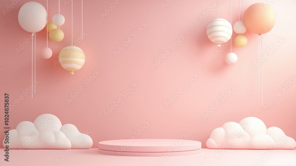 Minimalist setup with pastel balloons and clouds on a pink background. Minimalist setup with pastel balloons and clouds on a pink background.