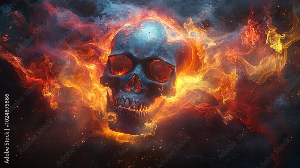 A skull surrounded by abstract flames in vivid colors of red, yellow, and blue, glowing brightly against a smoky, dark background. The flames twist and curl around the skull, A skull surrounded by abstract flames in vivid colors of red, yellow, and blue, glowing brightly against a smoky, dark background. The flames twist and curl around the skull,