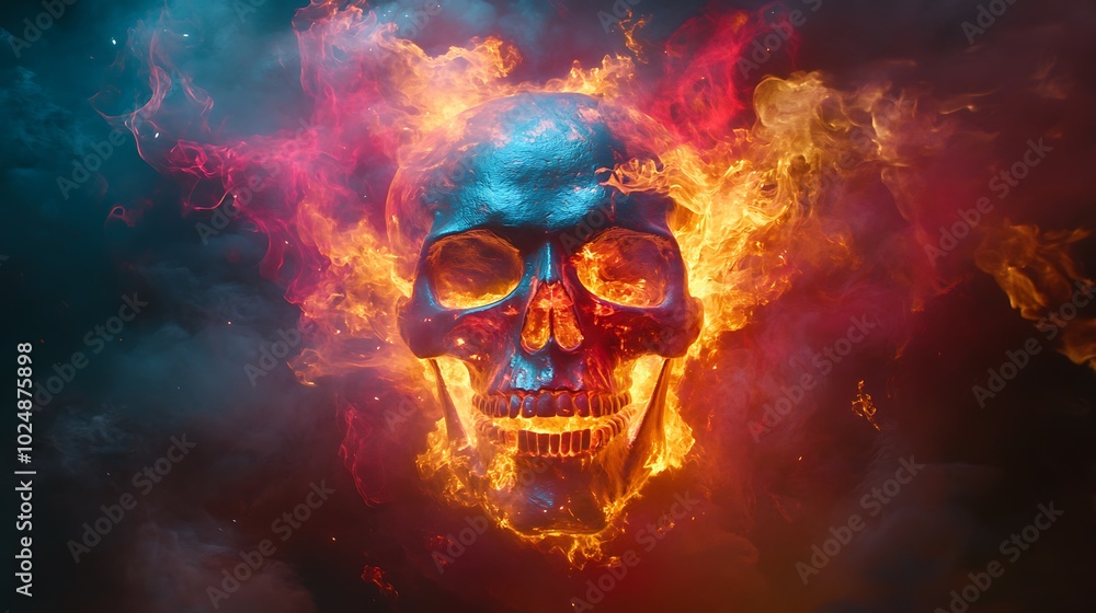 A skull surrounded by abstract flames in vivid colors of red, yellow, and blue, glowing brightly against a smoky, dark background. The flames twist and curl around the skull, A skull surrounded by abstract flames in vivid colors of red, yellow, and blue, glowing brightly against a smoky, dark background. The flames twist and curl around the skull,