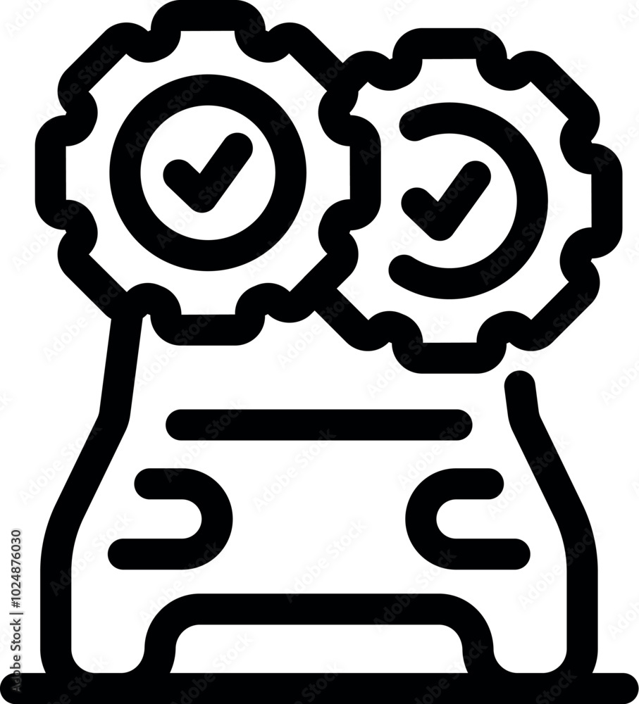 This vector icon represents a car that has undergone successful maintenance, as indicated by the checkmark gears positioned above it This vector icon represents a car that has undergone successful maintenance, as indicated by the checkmark gears positioned above it