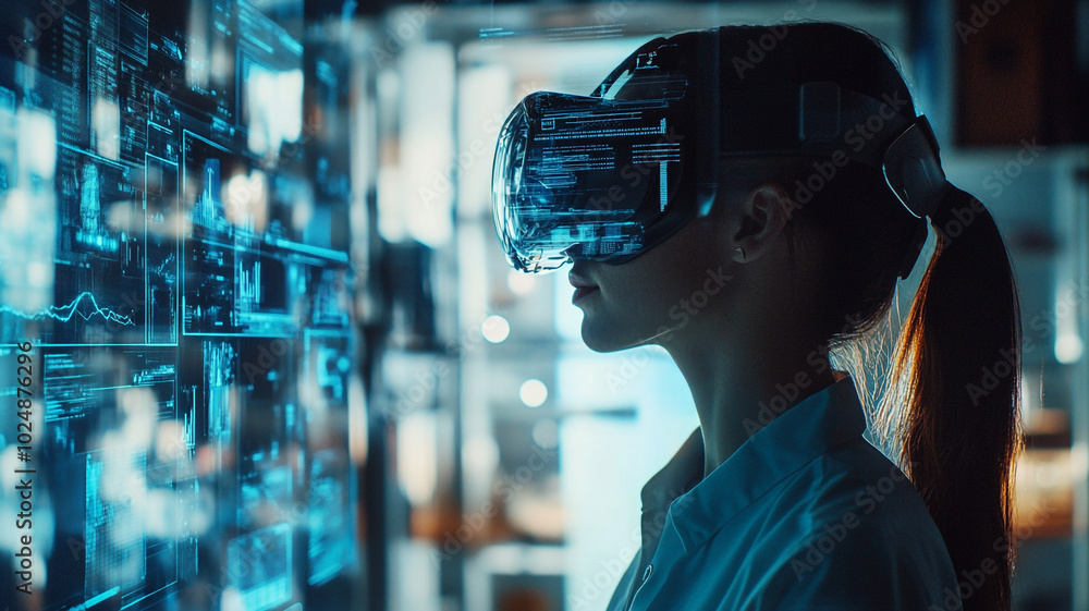 A woman explores virtual reality technology in a modern workspace filled with digital interfaces A woman explores virtual reality technology in a modern workspace filled with digital interfaces