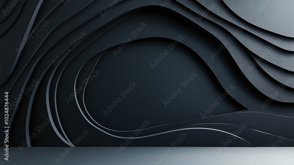 Obraz premium Abstract black layered background with overlapping waves creating a three-dimensional effect and elegant curves.