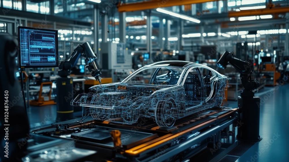 A group of automotive engineers are using computers to create sophisticated three-dimensional models for advanced engines. Industrial Assembly Line Manufacturing Vehicles with Automated Robot Arms A group of automotive engineers are using computers to create sophisticated three-dimensional models for advanced engines. Industrial Assembly Line Manufacturing Vehicles with Automated Robot Arms