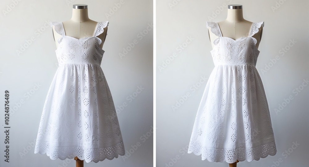 White eyelet cotton sundress with scalloped hem on plain white background White eyelet cotton sundress with scalloped hem on plain white background