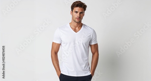 White cotton V neck T shirt with slim fit on plain white background