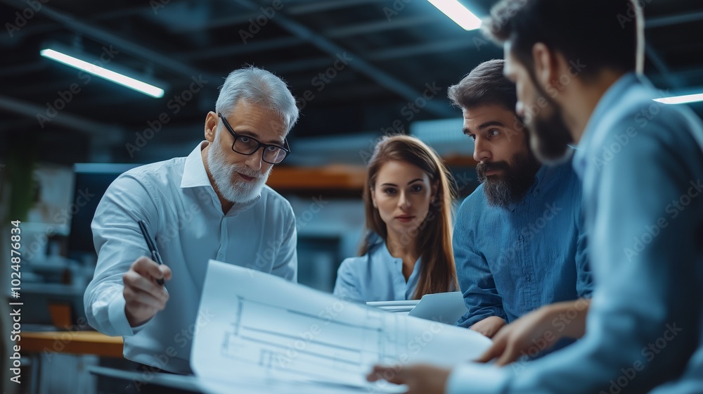 group of engineers discussing blueprints group of engineers discussing blueprints