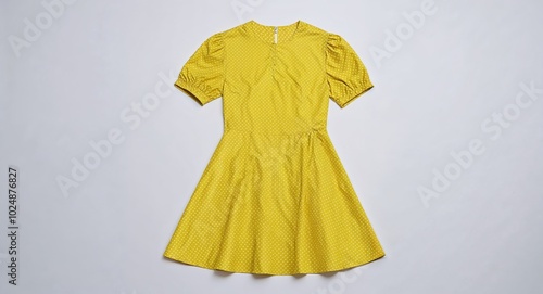 Yellow polka dot mini dress with short sleeves on plain white background photo