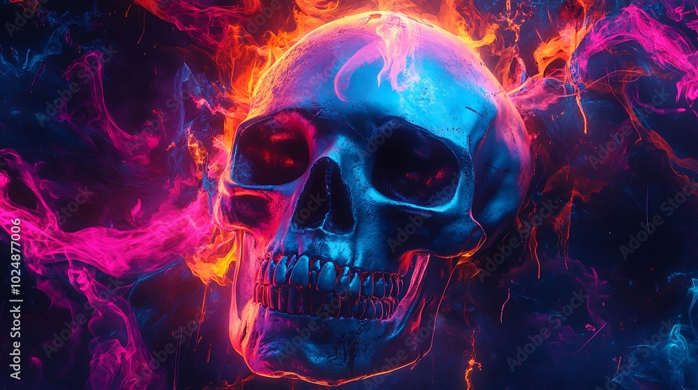 A skull surrounded by chaotic, swirling graffiti shapes in vivid colors like orange, blue, and pink. The graffiti lines twist and blend into the skull’s form, A skull surrounded by chaotic, swirling graffiti shapes in vivid colors like orange, blue, and pink. The graffiti lines twist and blend into the skull’s form,