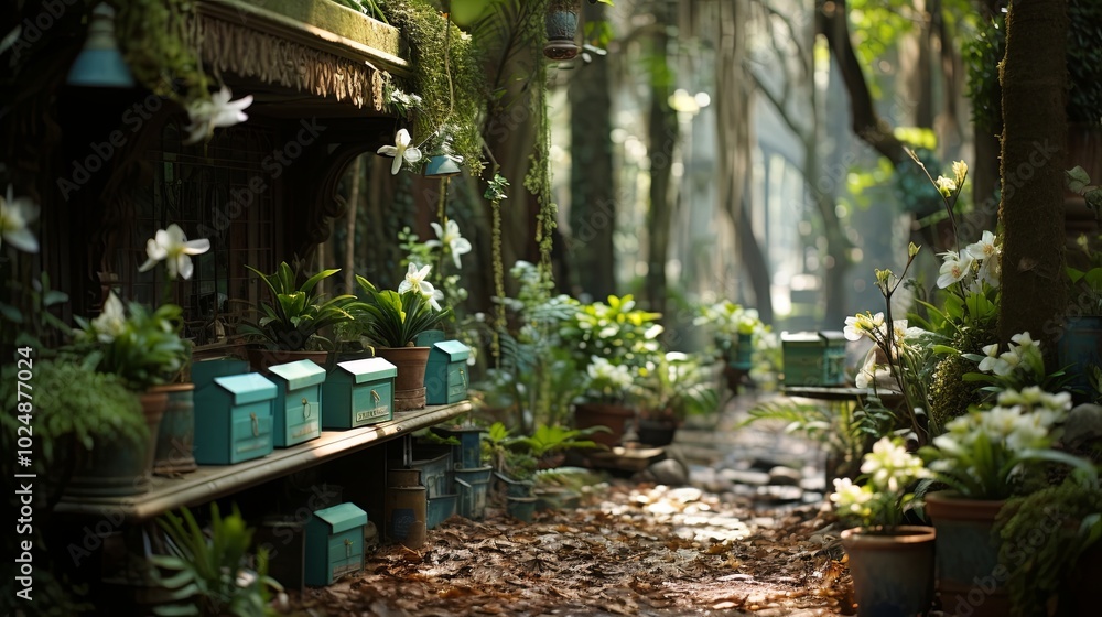 A woodland pathway lined with weathered mailboxes, adorned with delicate white blossoms, leads through a serene forest of towering trees. A woodland pathway lined with weathered mailboxes, adorned with delicate white blossoms, leads through a serene forest of towering trees.