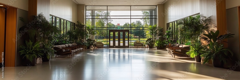 Modern Hotel Lobby Interior With Large Window, Greenery, And Comfortable Seating Area. Modern Hotel Lobby Interior With Large Window, Greenery, And Comfortable Seating Area.