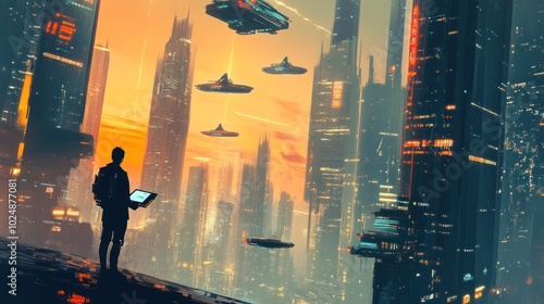 Silhouette of a Person in a Futuristic City with Flying Vehicles