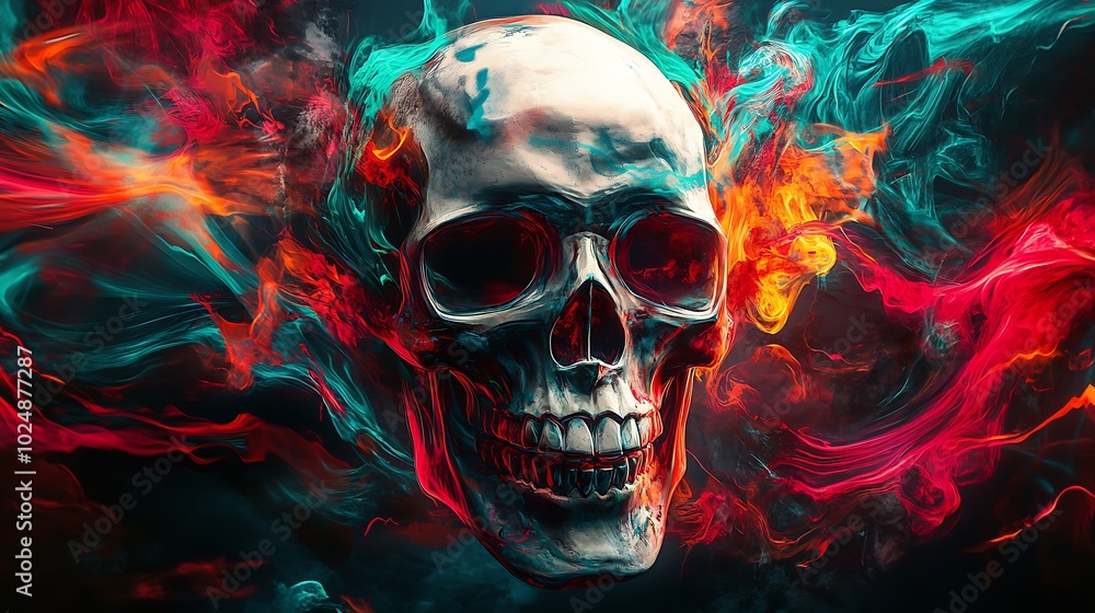 A skull surrounded by erratic, swirling graffiti lines, with vibrant colors like neon red, orange, and teal blending into the chaos. A skull surrounded by erratic, swirling graffiti lines, with vibrant colors like neon red, orange, and teal blending into the chaos.