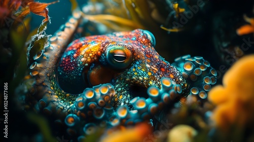 Octopus hiding in a colorful underwater world A colorful octopus hiding among corals and curiously observing its surroundings. photo