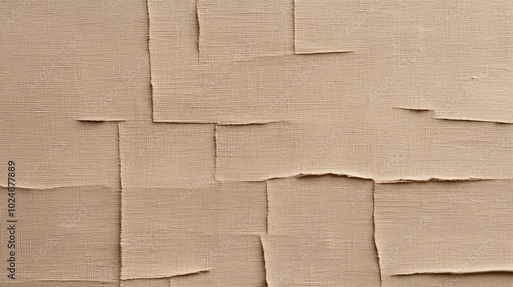 Fototapeta premium Close-up of textured beige plaster wall with overlapping layers creating a grid-like pattern and rough edges.