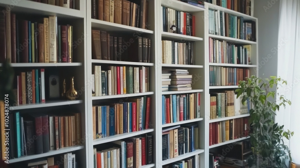 In a UK home, a white wooden bookcase stocked with books In a UK home, a white wooden bookcase stocked with books