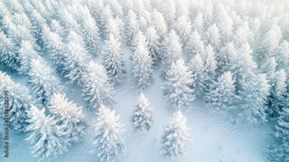 Aerial view of a snowy forest with tall evergreen trees covered in frost, shot from above. Aerial view of a snowy forest with tall evergreen trees covered in frost, shot from above.