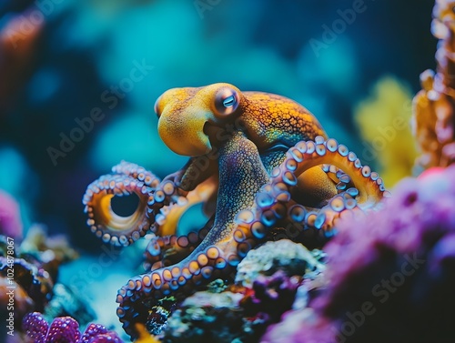 Octopus hiding in a colorful underwater world A colorful octopus hiding among corals and curiously observing its surroundings. photo