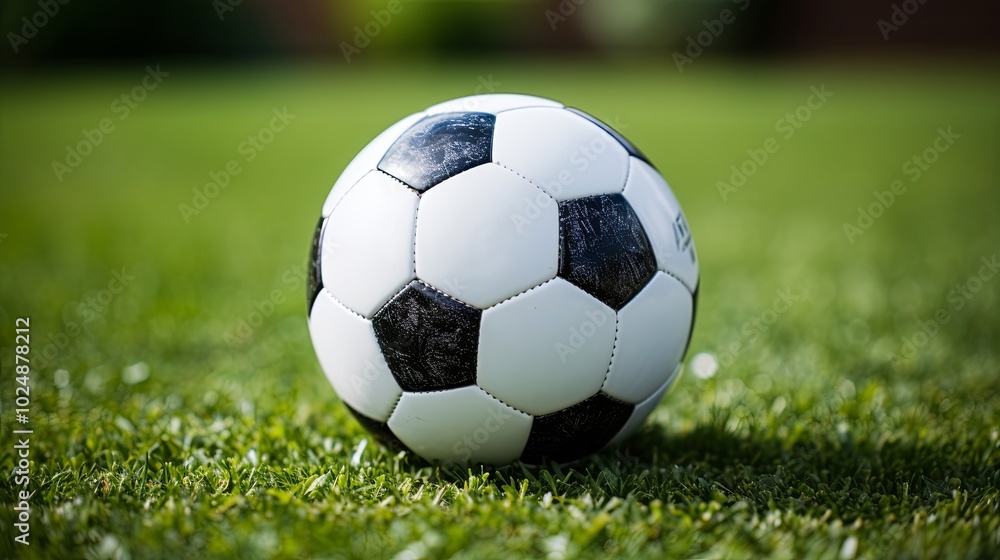 Fototapeta premium A close-up of a worn, black and white soccer ball resting on the lush green grass of a playing field, waiting for the next kick
