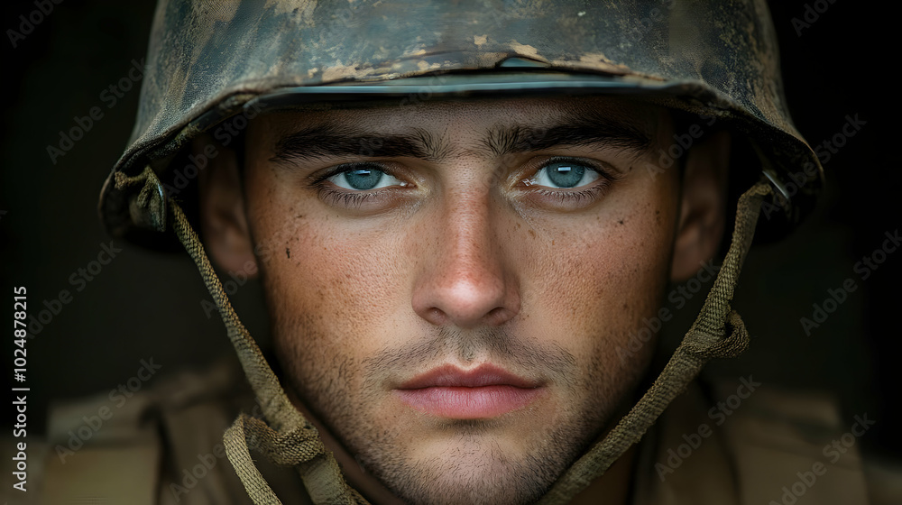 Close-up portrait of a soldier in a helmet, conveying determination. Close-up portrait of a soldier in a helmet, conveying determination.