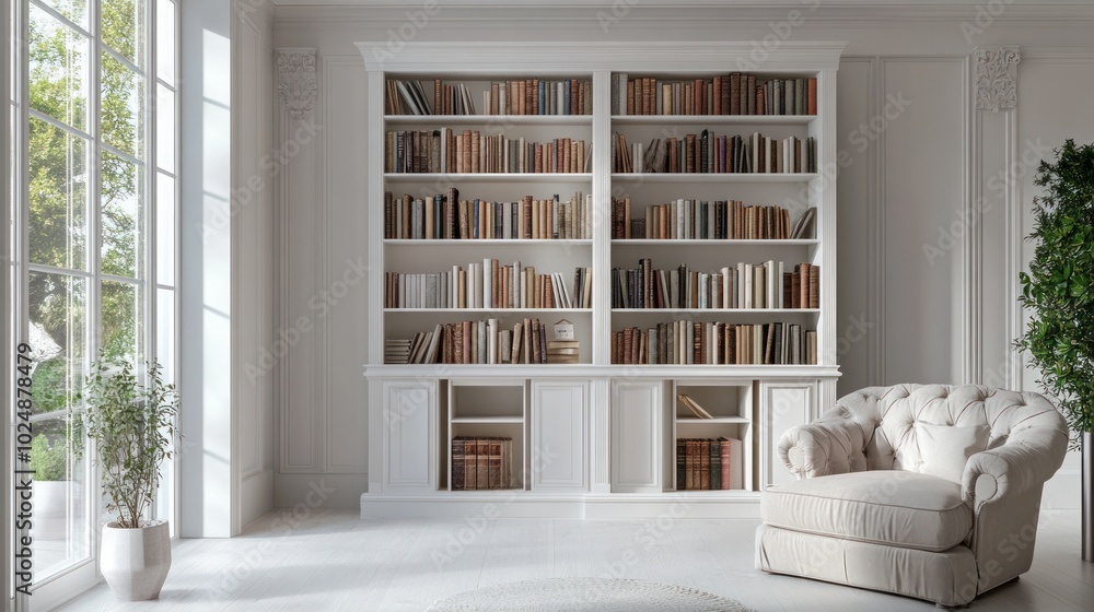 In a UK home, a white wooden bookcase stocked with books In a UK home, a white wooden bookcase stocked with books