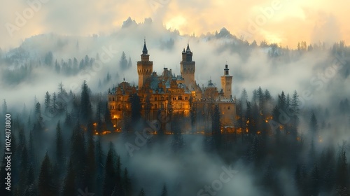 Old castle on a hill surrounded by misty forests A historic castle with towers and battlements, perched majestically on a hill as thick fog envelops the surrounding forests.