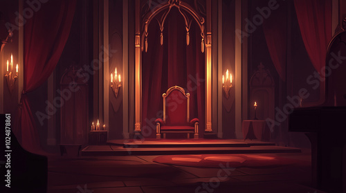 A dimly lit throne room with a golden throne and red velvet curtains.