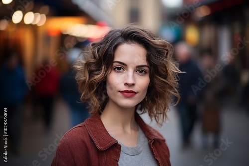 Portrait of a beautiful young woman with curly hair in the city