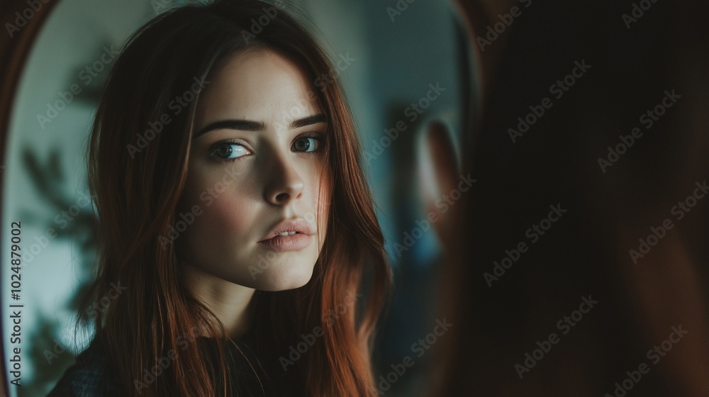 woman looking at her reflection in the mirror woman looking at her reflection in the mirror