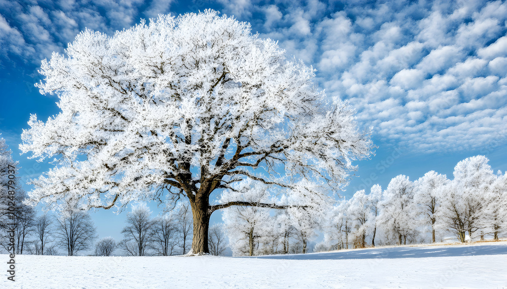 A lone, snow-covered tree stands tall against a bright blue sky, surrounded by a field of frost-covered trees. A lone, snow-covered tree stands tall against a bright blue sky, surrounded by a field of frost-covered trees.