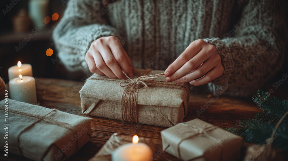 Person Wrapping Eco-Friendly Gifts at a Cozy Table Person Wrapping Eco-Friendly Gifts at a Cozy Table