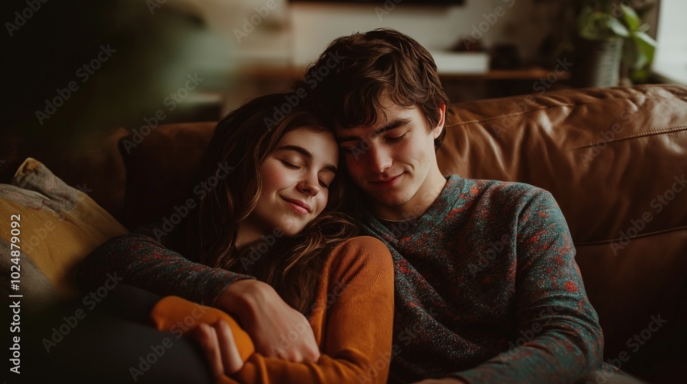 young couple cuddling on the sofa young couple cuddling on the sofa