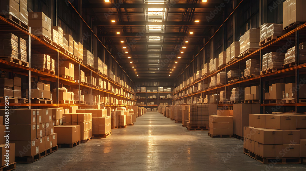 A spacious warehouse filled with neatly stacked cardboard boxes. A spacious warehouse filled with neatly stacked cardboard boxes.