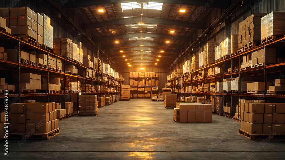 Obraz premium A spacious warehouse filled with stacked boxes on pallets.