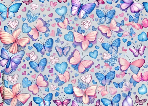 Wallpaper Mural Colorful Butterflies Hearts Patterns Charming Decorative Art Torontodigital.ca