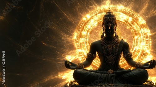 A powerful 3D illustration of Lord Vishnu seated with golden gears forming a halo, glowing subtly in the dark, representing the mechanics of the universe.