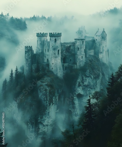 Old castle on a hill surrounded by misty forests A historic castle with towers and battlements, perched majestically on a hill as thick fog envelops the surrounding forests.