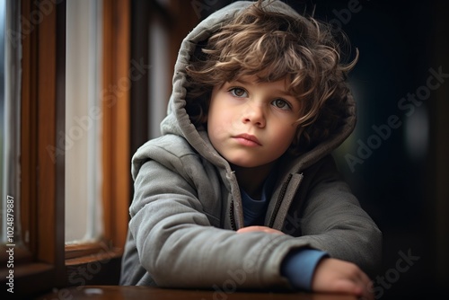 Portrait of a cute curly-haired boy in a gray hoodie.