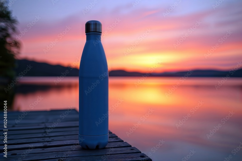 Blue Water Bottle, Sunset. A blue stainless steel water bottle sits on a wooden dock overlooking a lake at sunset.