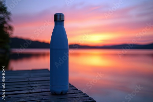 Blue Water Bottle, Sunset. A blue stainless steel water bottle sits on a wooden dock overlooking a lake at sunset.