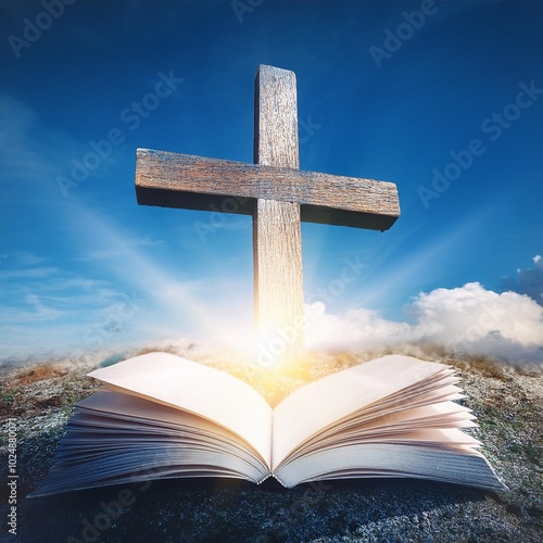 christian cross with open book on the blue sky double exposure stylish photo