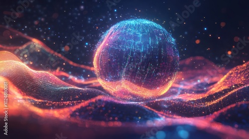 A glowing blue sphere resting on a wave of orange and purple light