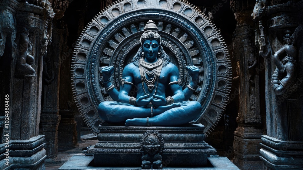 Fototapeta premium The deity Lord Vishnu is depicted seated on a pedestal, surrounded by celestial cogs, representing the machinery of the universe in a dark, mystical setting.