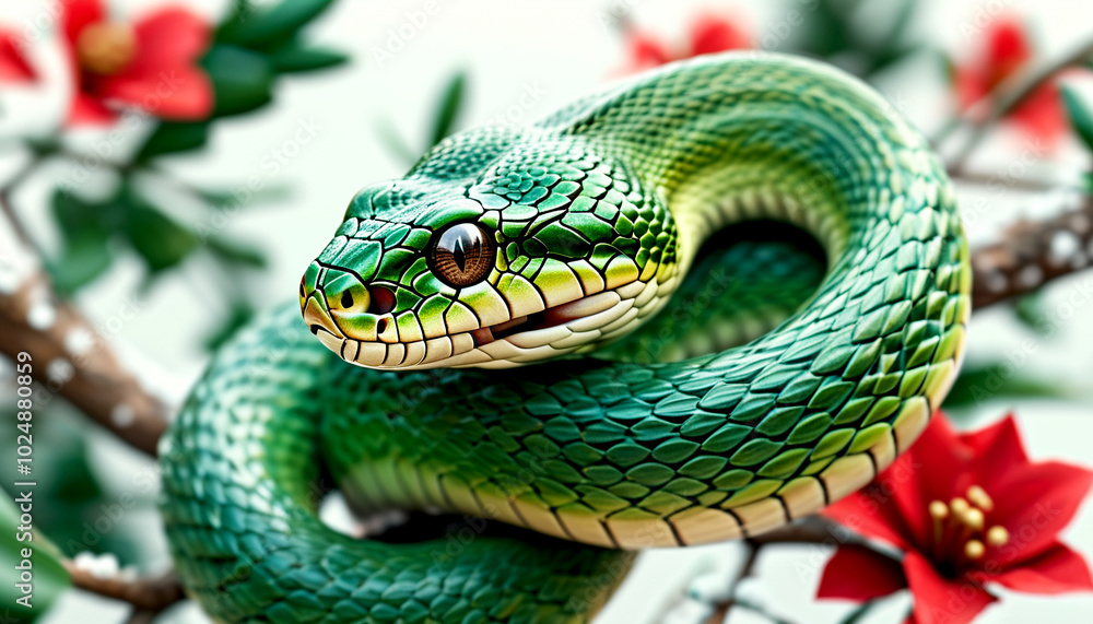 Fototapeta premium Lush green snake coiled on a branch amidst vibrant red flowers in springtime