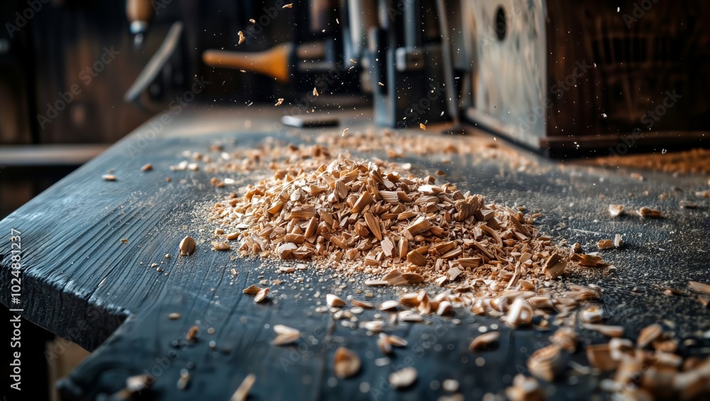 Wood shavings. Pile of wood shavings on a dark surface with particles flying in the air. Wood shavings. Pile of wood shavings on a dark surface with particles flying in the air.