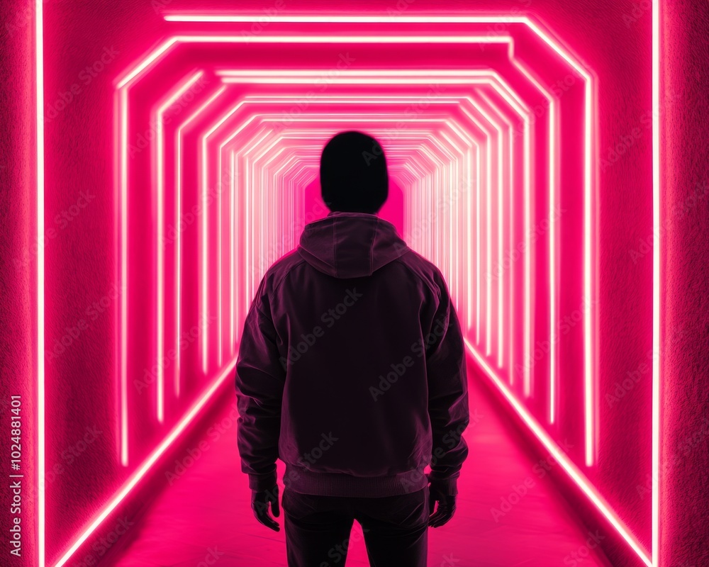 A person stands in a neon-lit tunnel, creating a futuristic atmosphere. A person stands in a neon-lit tunnel, creating a futuristic atmosphere.