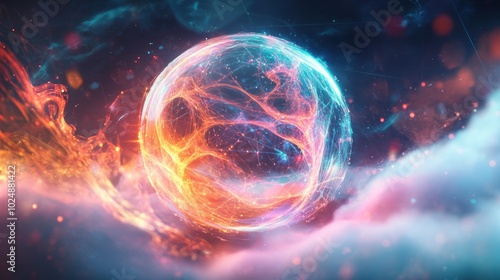 A glowing orb surrounded by swirling clouds and cosmic dust