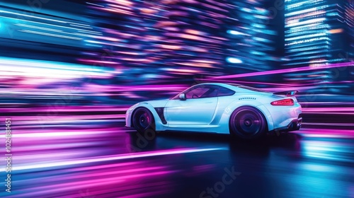 A white car driving fast at night through a cityscape of neon blue and purple skyscrapers, creating a vibrant futuristic scene