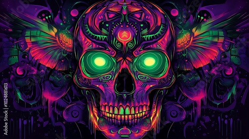 A skull with glowing tribal patterns, featuring sharp lines and abstract shapes in vibrant colors like neon purple, green, and red. The tribal designs cover the entire skull,