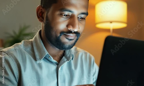 Vietnamese Man Working on Laptop in Home Office